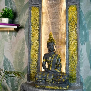 Sowpeace Golden Buddha Water Fountain – 58cm Resin Tabletop Decor | Elegant Sitting Buddha with Tall Wall | Luxurious Home Accent & Gift