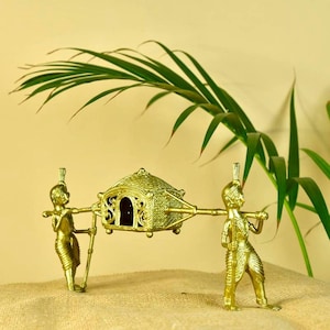Sowpeace Wed on Palki Figurine – 21cm Golden Brass Decor | Royal Wedding Tabletop Accent | Traditional Indian Gift | Ethnic Home Showpiece