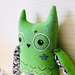 Owl Doll in Lime Green, 10&quot; inch Soft Sculpture, Artisan Collectible OOAK Textile Embroidered Owl Doll, Made in Vermont