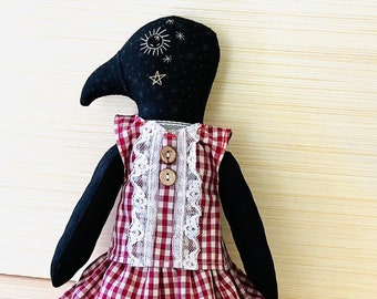 Vermont Crow Cloth Doll, Heirloom Handmade Artisan Doll Collectible, Primitive American Crow Doll
