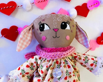 Pretty Kitsch Lamb Doll in Valentine flowers. Heirloom Cloth Sheep Doll. Art Textile Collectible Doll. Made in Vermont.