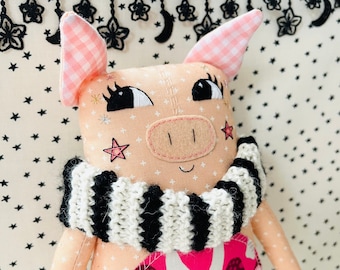 Pig Cloth Doll 10" Soft Sculpture, Artisan Collectible OOAK Textile Embroidered Piggy Doll, Made in Vermont