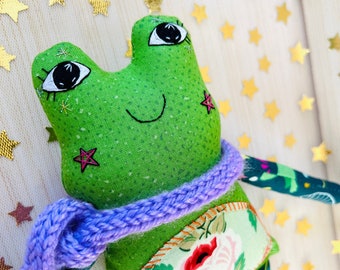 Green Frog Mini Doll with Flower Tummy, Artisan Collectible OOAK Textile Embroidered Frog Art Doll, Made in Vermont, Nursery Decor,plush