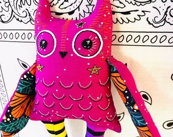 Owl Doll in Magenta 10" Soft Sculpture, Artisan Collectible OOAK Textile Embroidered Owl Doll, Made in Vermont