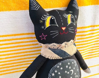 Black Cat Doll 11.5" Soft Sculpture, Artisan Collectible OOAK Textile Embroidered Kitsch Cat Doll, Made in Vermont, Coven Cat Collection