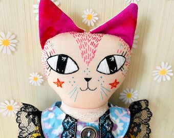Paprika the Cat Doll. Heirloom Art Doll Collectible. Handmade in Vermont. Cloth Kitty Textile Doll. Hand Embroidered.