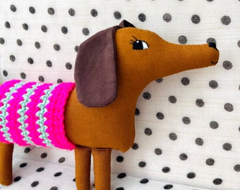 Wiener Dog Dachshund Soft Sculpture, 10" inch Long, Artisan Collectible OOAK Textile Embroidered Art Doll, Made in Vermont, Crochet Sweater