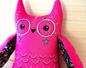 Owl Doll in Hot Pink, 10" inch Soft Sculpture, Artisan Collectible OOAK Textile Embroidered Owl Doll. Made in Vermont.