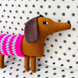 Wiener Dog Dachshund Soft Sculpture, 10 inch Long, Artisan Collectible OOAK Textile Embroidered Art Doll, Made in Vermont, Crochet Sweater image 1