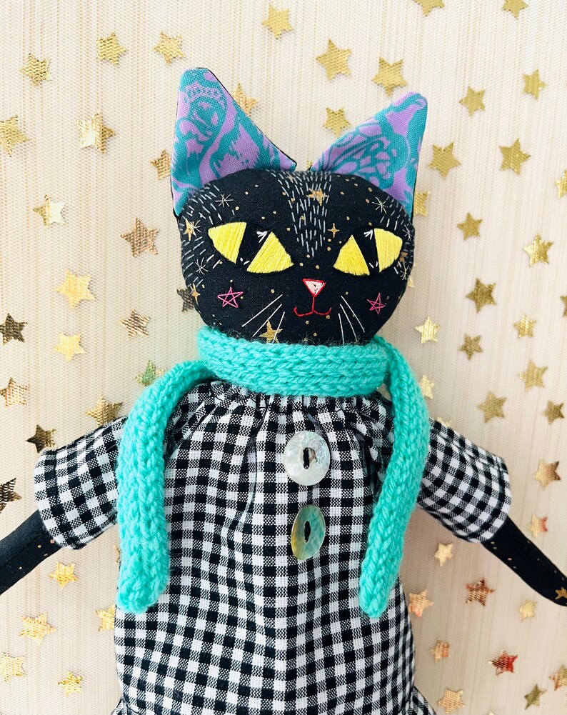 Black Cat Doll. Heirloom Art Doll Collectible. Handmade in Vermont. Cloth Kitty Textile Doll. Hand Embroidered. image 5