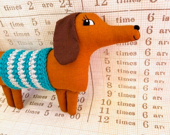 Wiener Dog Dachshund Soft Sculpture, 10" inch Long, Artisan Collectible OOAK Textile Embroidered Art Doll, Made in Vermont, Crochet Sweater