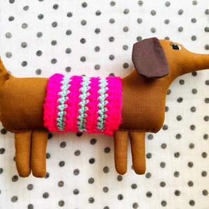 Wiener Dog Dachshund Soft Sculpture, 10 inch Long, Artisan Collectible OOAK Textile Embroidered Art Doll, Made in Vermont, Crochet Sweater image 3