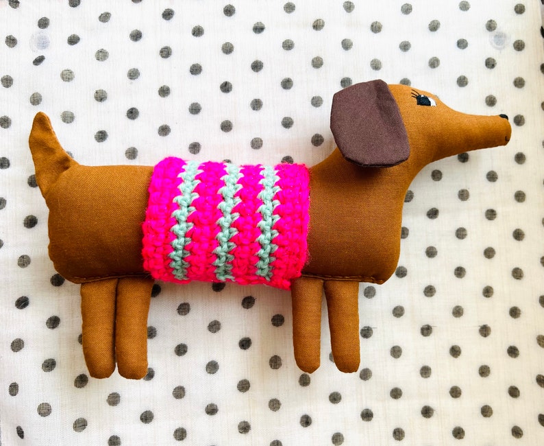 Wiener Dog Dachshund Soft Sculpture, 10 inch Long, Artisan Collectible OOAK Textile Embroidered Art Doll, Made in Vermont, Crochet Sweater image 3