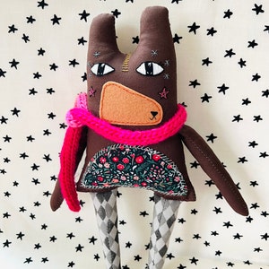 Brown Bear Cloth Doll Soft Sculpture, Artisan Collectible OOAK Textile Embroidered Bear Doll Made in Vermont image 5