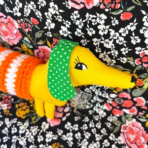 Retro Dachshund Soft Sculpture Wiener Dog, 10 inch Long, Artisan Collectible OOAK Textile Embroidered Art Doll, Made in Vermont image 1