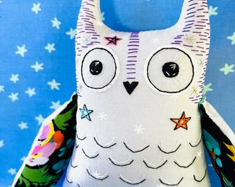 Owl Doll 10" Soft Sculpture in Gray, Artisan Collectible OOAK Textile Embroidered Owl Doll, Made in Vermont