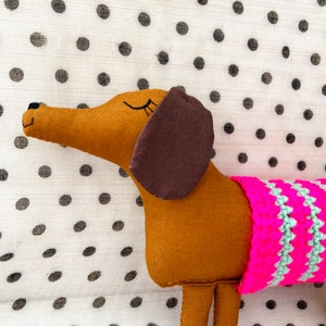 Wiener Dog Dachshund Soft Sculpture, 10 inch Long, Artisan Collectible OOAK Textile Embroidered Art Doll, Made in Vermont, Crochet Sweater image 9