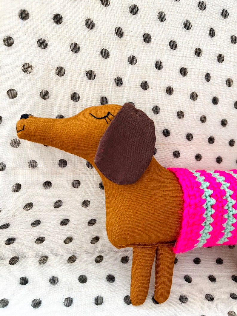 Wiener Dog Dachshund Soft Sculpture, 10 inch Long, Artisan Collectible OOAK Textile Embroidered Art Doll, Made in Vermont, Crochet Sweater image 9