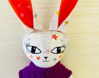 Peaseblossom the Rabbit Cloth Doll. Midsummer Night Bunny Series, Embroidered,Heirloom Artisan Soft Toy Collectible,Handmade in Vermont.