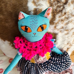 Heirloom Cat Doll. “Jenny Jubilee” Kitty Artisan Doll Collectible Handcrafted in Vermont. Cloth Cat Embroidery Soft Sculpture.