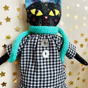 Black Cat Doll. Heirloom Art Doll Collectible. Handmade in Vermont. Cloth Kitty Textile Doll. Hand Embroidered. image 2