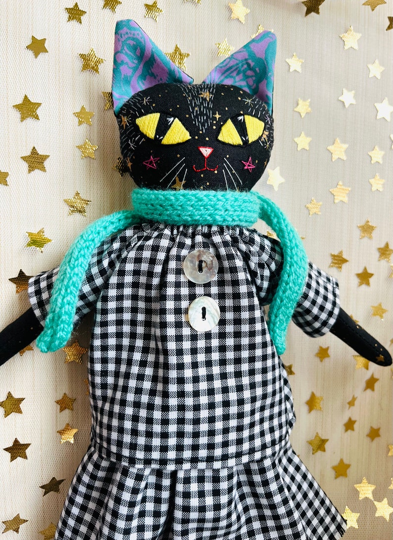 Black Cat Doll. Heirloom Art Doll Collectible. Handmade in Vermont. Cloth Kitty Textile Doll. Hand Embroidered. image 2