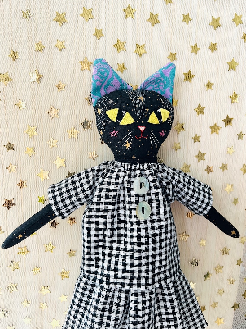 Black Cat Doll. Heirloom Art Doll Collectible. Handmade in Vermont. Cloth Kitty Textile Doll. Hand Embroidered. image 6