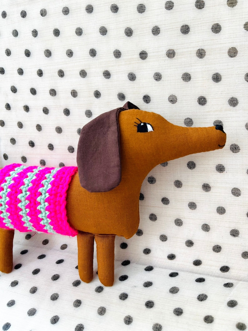 Wiener Dog Dachshund Soft Sculpture, 10 inch Long, Artisan Collectible OOAK Textile Embroidered Art Doll, Made in Vermont, Crochet Sweater image 1