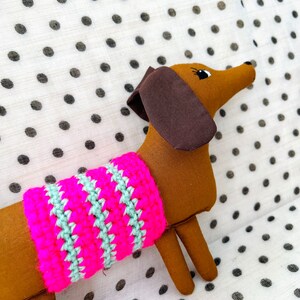 Wiener Dog Dachshund Soft Sculpture, 10 inch Long, Artisan Collectible OOAK Textile Embroidered Art Doll, Made in Vermont, Crochet Sweater image 5