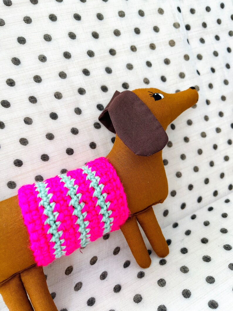 Wiener Dog Dachshund Soft Sculpture, 10 inch Long, Artisan Collectible OOAK Textile Embroidered Art Doll, Made in Vermont, Crochet Sweater image 5