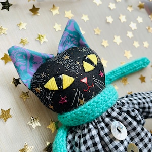 Black Cat Doll. Heirloom Art Doll Collectible. Handmade in Vermont. Cloth Kitty Textile Doll. Hand Embroidered. image 1