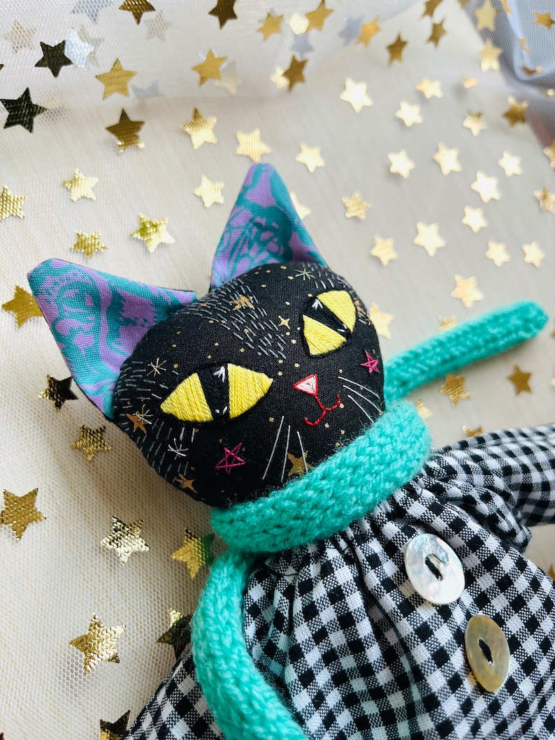 Black Cat Doll. Heirloom Art Doll Collectible. Handmade in Vermont. Cloth Kitty Textile Doll. Hand Embroidered. image 1