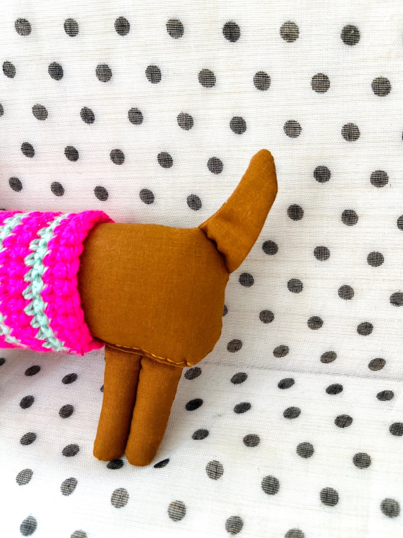 Wiener Dog Dachshund Soft Sculpture, 10 inch Long, Artisan Collectible OOAK Textile Embroidered Art Doll, Made in Vermont, Crochet Sweater image 8