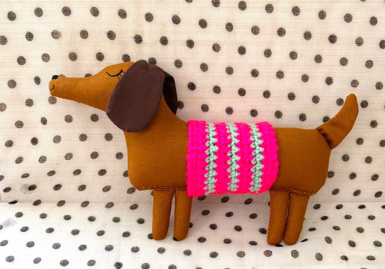 Wiener Dog Dachshund Soft Sculpture, 10 inch Long, Artisan Collectible OOAK Textile Embroidered Art Doll, Made in Vermont, Crochet Sweater image 7