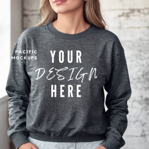 Gildan 18000 Dark Heather Sweatshirt Mockup Clothing Mock Up G180 Grey Crewneck Mockup Sweater Model for Mockups Grey Sweater Template