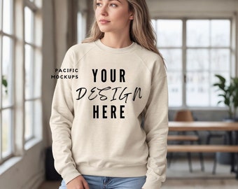 Gildan 18000 Sand Sweatshirt Mockup Clothing Mock Up G180 Sand Crewneck Mockup Sweater Model for Mockups Tan Sweater Template