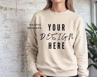 Gildan 18000 Sand Sweatshirt Mockup Clothing Mock Up G180 Sand Crewneck Mockup Sweater Model for Mockups Tan Sweater Template