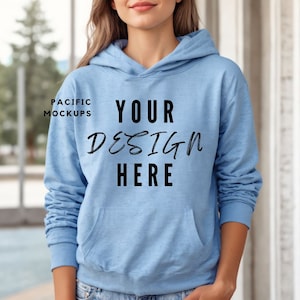 Gildan 18500 Light Blue Hoodie Mockup Clothing Mock Up G185 Hooded Sweatshirt Mockup Sweater Model for Mockups Blue Hoodie Template
