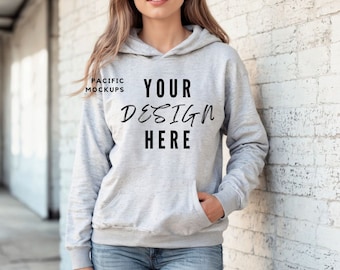 Gildan 18500 Maqueta de sudadera con capucha gris ceniza Maqueta de ropa G185 Maqueta de sudadera con capucha Modelo de suéter para maquetas Plantilla de sudadera con capucha gris