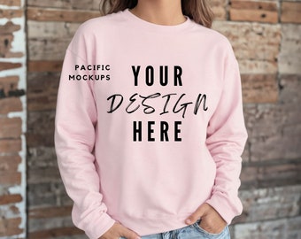 Gildan 18000 Light Pink Sweatshirt Mockup Clothing Mock Up G180 Pink Crewneck Mockup Sweater Model for Mockups Pink Sweater Template
