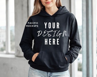 Gildan 18500 Maqueta de sudadera con capucha negra Maqueta de ropa G185 Maqueta de sudadera con capucha Modelo de suéter para maquetas Plantilla de sudadera con capucha negra