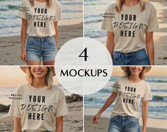 4x Gildan 5000 Sand Shirt Mockup Bundle Kleidung Mock Up Tan T-Shirt Mockup Beige Sand TShirt Vorlage Modern Sommer Mockup Strand Mockup
