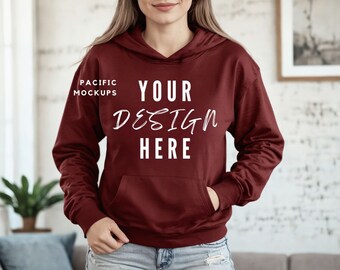 Gildan 18500 Maroon Hoodie Mockup Clothing Mock Up G185 Hooded Sweatshirt Mockup Sweater Model for Mockups Red Hoodie Template