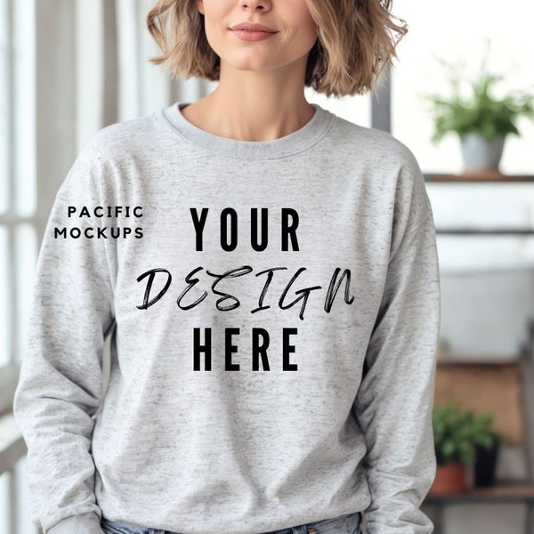 Gildan 18000 Ash Grey Sweatshirt Mockup Clothing Mock Up G180 Grey Crewneck Mockup Sweater Model for Mockups Grey Sweater Template