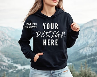 Gildan 18500 Maqueta de sudadera con capucha negra Maqueta de ropa G185 Maqueta de sudadera con capucha Modelo de suéter para maquetas Plantilla de sudadera con capucha negra