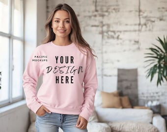 Gildan 18000 Light Pink Sweatshirt Mockup Clothing Mock Up G180 Pink Crewneck Mockup Sweater Model for Mockups Pink Sweater Template