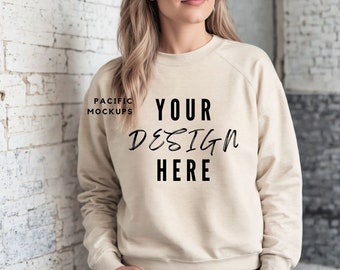 Gildan 18000 Sand Sweatshirt Mockup Clothing Mock Up G180 Sand Crewneck Mockup Sweater Model for Mockups Tan Sweater Template