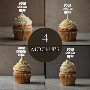 4 Cupcake Topper Mockups, Modern Cake Décor, Cake Cupcake Mockup with sticks, Birthday Mockup, Food Stock Photo