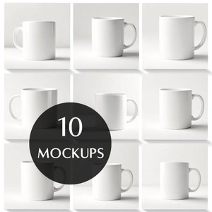May include: Ten white ceramic mugs with a handle on the right side. The mugs are arranged in a grid pattern on a white background. The text "10 MOCKUPS" is in the centre of the image.