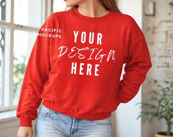 Gildan 18000 Red Sweatshirt Mockup Clothing Mock Up G180 Red Crewneck Mockup Sweater Model for Mockups Red Sweater Template